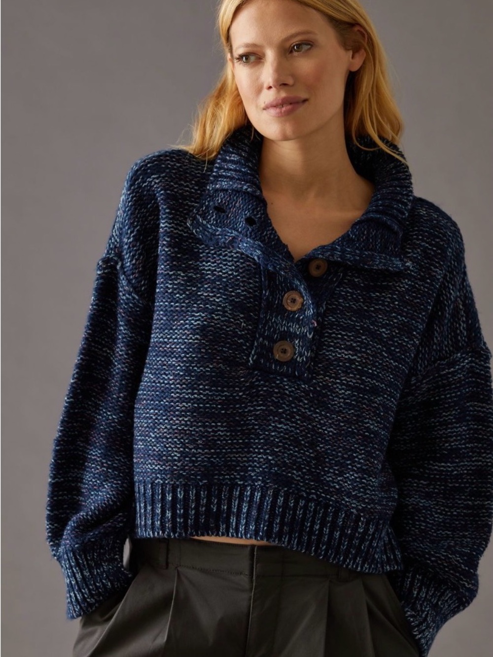 Pilcro Navy Marled Button-Front jumper - Picture 2 of 7